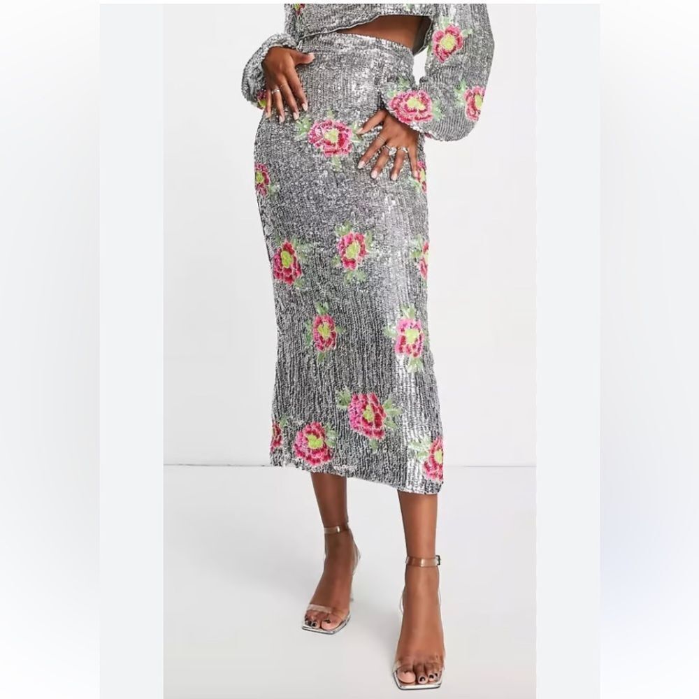 ASOS Silver Sequin Midi Skirt with Pink Floral Design